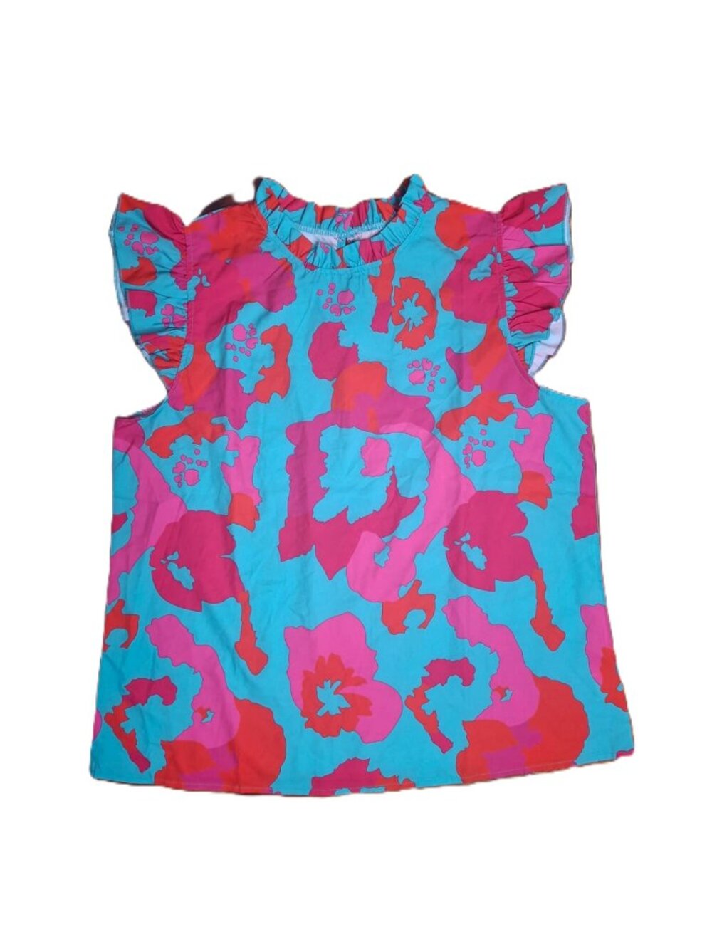 Floral Ruffle Sleeve Top, Hot Pink and Teal, Size Large